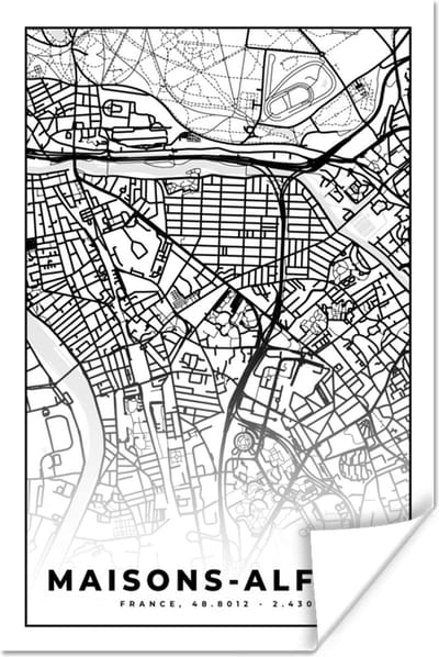 Poster Stadskaart - Plattegrond - Maisons-Alfort - Kaart - Frankrijk - Zwart wit - 120x180 cm XXL