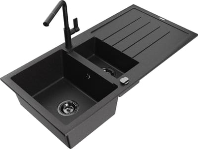 Mexen Andres granieten spoelbak 1,5-kamer met afdruiprek en keukenkraan Flora, zwart/zilver - 6515-73-670401-70-B