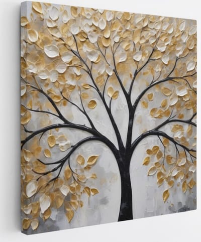 Saammp Canvas Schilderij - Winterboom met goud - Abstract - 20x20 - Foto op canvas - Wanddecoratie - Muurdecoratie Woonkamer - Slaapkamer decoratie - Canvas Print
