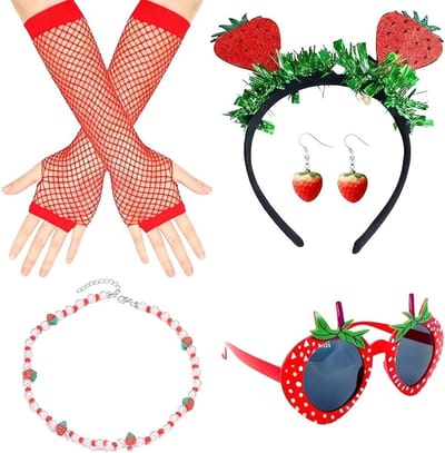 Vrouwelijk aardbeienkostuum met haarband, armband, bril, oorbellen en handschoenen voor carnaval en feesten