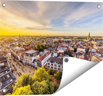 Gards Tuinposter Groningen Skyline Stad bij Zonsondergang - 50x40 cm - Tuindoek - Tuindecoratie - Wanddecoratie buiten - Tuinschilderij