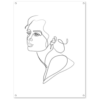 Tuinposter 90x120 cm - Tuindecoratie Abstracte line art van het portret van een vrouw op een witte achtergrond - Poster voor in de tuin - Buiten decoratie - Schutting tuinschilderij - Tuindoek muurdecoratie - Wanddecoratie balkondoek