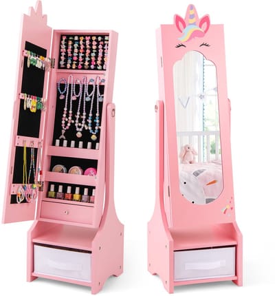 COSTWAY Sieradenkast voor kinderen, 2-in-1 spiegelkast, kantelbaar, met full-body spiegel, lade en opbergmand, sieradenstandaard, make-upspiegel, eenhoorn, 31,5 x 30 x 115 cm (roze)