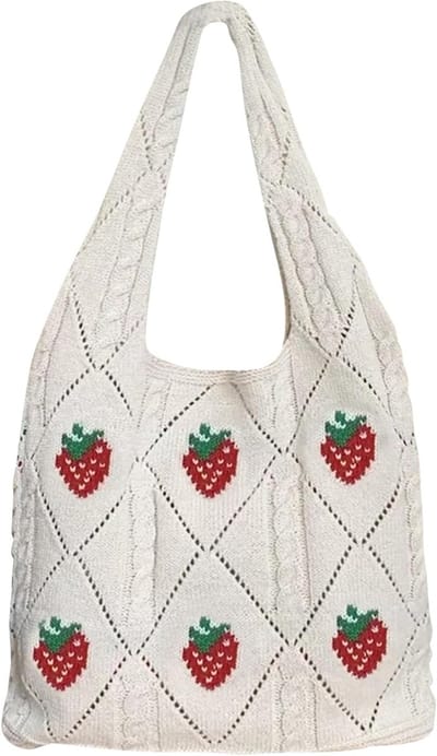 Grote Vintage Strandtas voor Vrouwen, Mesh Brei Tas, Ideaal voor Winkelen, Reizen en Dagelijks Gebruik met Aantrekkelijke Aardbeienprint