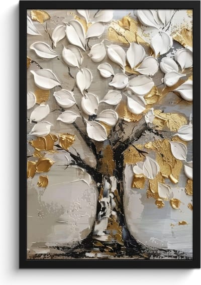 Poster in lijst - Fotolijst 40x60 cm - Posters - Boom - Beige - Grijs - Goud - Abstract - Posterlijst zwart - Decoratie - Wanddecoratie woonkamer - Muurdecoratie slaapkamer