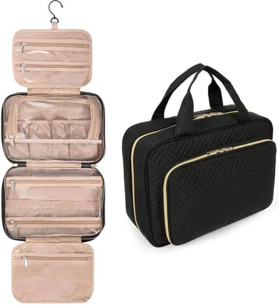 CUBEXCOM® Toilettas Ophangbaar, Make-Up Tasje met Haak, Grote Make Up Koffer, Beautycase, Toilettas Dames, Make Up Tas Organizer, Make Up Etui, Beautycase Koffer, Toilettas voor op Reis met Draaggreep en Haak, Waterdicht, 24x30x15 cm, GROOT, ZWART