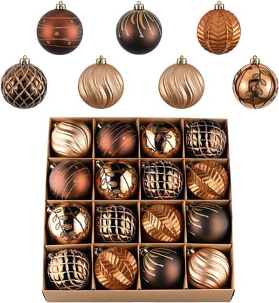 Valery Madelyn Set met kerstversieringen, 16 kt bronzen koper en goud onbreekbare kerstboomdecoraties, balornamenten bulk, 9,15 cm elegante hangende ornamenten voor kerstboomdecoratie
