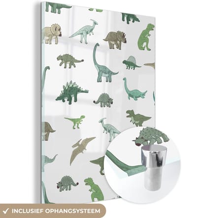 MuchoWow® Glasschilderij 120x160 cm - Schilderij acrylglas - Dinosaurus - Groen - Jongens - Bruin - Kind - Patronen - Foto op glas - Schilderijen