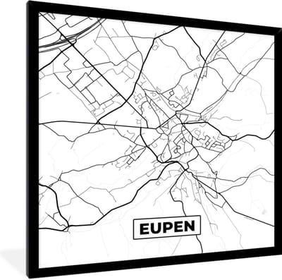 Fotolijst incl. Poster Zwart Wit- Kaart – Plattegrond – Stadskaart – Eupen – België – Zwart Wit - 40x40 cm - Posterlijst