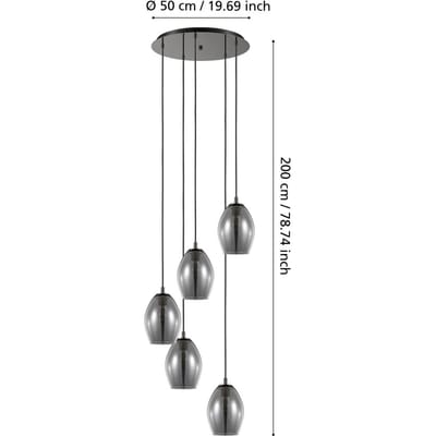 Stars of Light Estanys Hanglamp - 58 cm - 5 lichts - E27 - rookglas - Zwart|Grijs