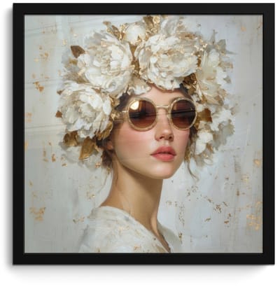 Poster in lijst - Fotolijst 40x40 cm - Posters - Schilderij - Vrouw - Zonnebril - Bloemenkrans - Posterlijst zwart - Decoratie - Wanddecoratie woonkamer - Muurdecoratie slaapkamer