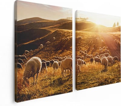 Artaza Canvas Schilderij Tweeluik Schapen in de Heuvels bij Zonsondergang - 120x80 - Foto Op Canvas - Canvas Print