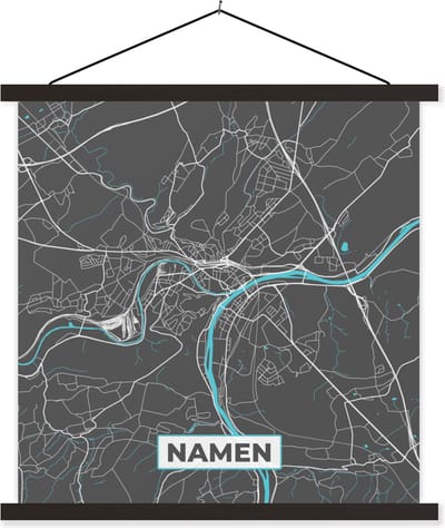 Posterhanger incl. Poster 60x60 cm - Schoolplaat - Kaart – Plattegrond – Stadskaart – Namen – België - Grijs - Textielposter - Zwarte latten - Stadskaart
