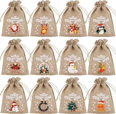 12 stuks kerstcadeauzakjes van jute met trekkoord - herbruikbare linnen zakjes - voor feestdagen, verjaardagen en nieuwjaarsfeestjes - kleine snoepzakjes als traktatie