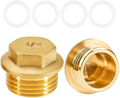 Dailygoods - 2 stuks messing stoppers, 1/2 inch zeshoekige schroefdraaddop van messing met rubberen afdichtingen, loodgietersstop voor kranen, waterleidingen, wasmachine-ventielen