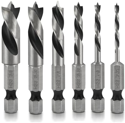 6-delige HSS Hout Spiral Boorset voor Hout en Zachte Metalen, 1/4 Inch Hex Shank Korte Boor met Hexaansluiting