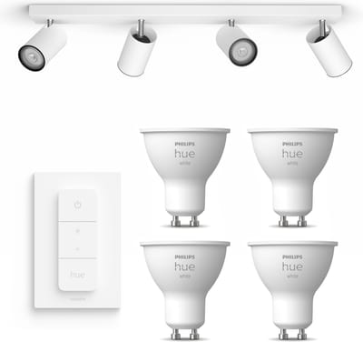 Philips Hue Kosipo Opbouwspot (Wit) - Warmwit Licht - Incl. Hue Dimmer Switch - Plafondspot met 4 Lichtpunten - GU10 - Hue White