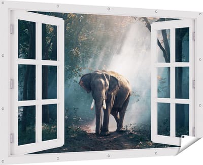 Gards Tuinposter Doorkijk Olifant in het Bos met Zonneschijn - 180x120 cm - Tuindoek - Tuindecoratie - Wanddecoratie buiten - Tuinschilderij