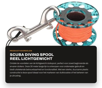 Dailygoods- Vingerreel Lichtgewicht - Duikvingerspoel - 30 Meter Lijn - Dubbele Karabijnhaak - Roestvrij Staal - Kunststof Behuizing - Duikspoel