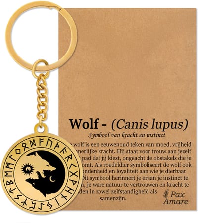 Wolf Yin Yang Sleutelhanger Goudkleurig - Spirituele Talisman - Roestvrij Staal / Stainless Steel - Natuur & Balans- Pax Amare