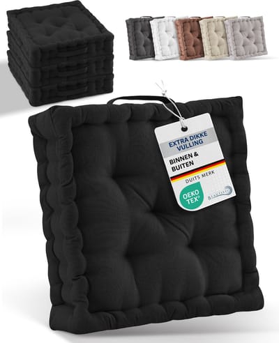 Beautissu Zitkussen Set van 4 Matraskussen 40x40x8 cm - vloerkussen met praktische draaggreep - kussen zwart - Mila