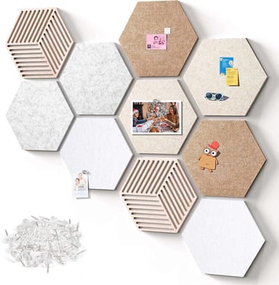 Groot prikbord - 10 stuks 30 cm grote zeshoekige kurkborden - Zelfklevende tegels - Frameloos kurkbord - Zeshoekig gebedsbord - Voor kantoorwanddecoratie - Zeshoekig prikbord met 30 punaises