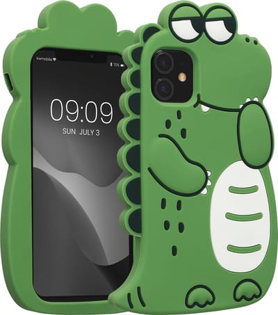 kwmobile hoesje geschikt voor Apple iPhone 11 - Backcover voor smartphone in zwart / wit / groen - Schattige dino design
