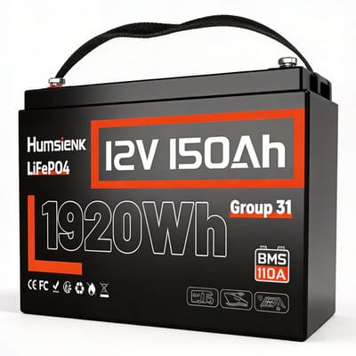 12V 150Ah LiFePO4-lithiumaccu – BCI Groep 31 – Ingebouwde 110A BMS – Deep Cycle-accu voor zonne-energie, campers, maritiem gebruik en off-grid toepassingen – 15.000+ levenscycli – Veilig en lichtgewicht – 150Ah Basismodel