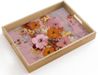 Dienblad hout 40x30 cm - Schootdienblad - Schilderij - Bloemen - Rustiek - Roze - Borrelplank rechthoek - Plateau dienbladen