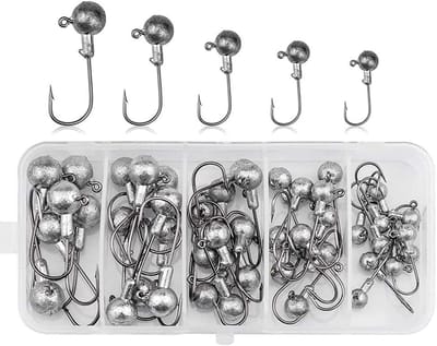 Dailygoods - 45 Stuks Fishing Offset-Haken Set,Vishaken Assortiment Lood-kop-Vishaak Set Met Verschillende Maten Jighaken met Ronde Jighead 2g 3.5g 5g 7g 10g