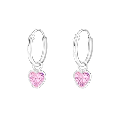 zilveren kinderoorbellen hangend hartje roze kristal | Oorringen Meisje Zilver | Zilverana | Sterling 925 Silver