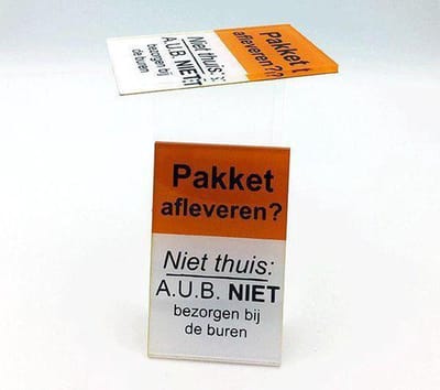 Geen pakket bij de buren afleveren bordje - Glashelder Acrylaat - 8 cm x 5 cm.