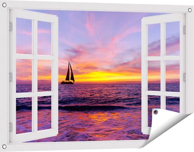 Gards Tuinposter Doorkijk Zeilboot Silhouet bij Zonsondergang - 90x60 cm - Tuindoek - Tuindecoratie - Wanddecoratie buiten - Tuinschilderij