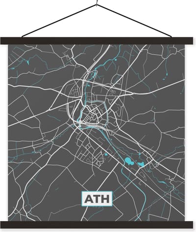 Posterhanger incl. Poster 60x60 cm - Schoolplaat - België – Ath – Stadskaart – Kaart – Blauw – Plattegrond - Textielposter - Zwarte latten - Stadskaart