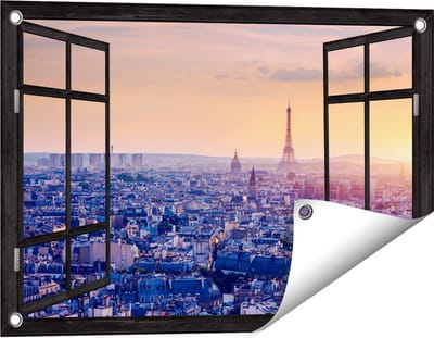 Gards Tuinposter Doorkijk Skyline van Parijs tijdens Zonsondergang - 60x40 cm - Tuindoek - Tuindecoratie - Wanddecoratie buiten - Tuinschilderij
