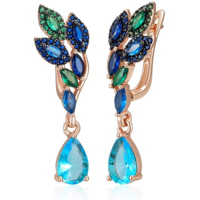 Groen Blauwe Natuurlijke Zirconia Druppeloorbellen Voor Vrouwen Roségoud En Zwarte Plating Kristal Blad Dagelijkse Fijne Sieraden blue