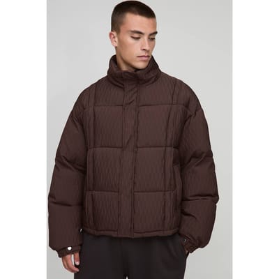 Boxy Fit Textured Pintuck Funnel Neck Puffer Jacket | Chocolate | Size XS