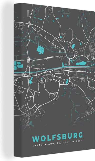 Canvas Schilderij Stadskaart – Kaart – Wolfsburg – Blauw – Duitsland – Plattegrond - 20x30 cm - Wanddecoratie