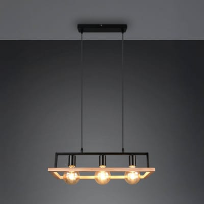 Reality Leuchten Hanglamp Bano, hout/zwart, lengte 58 cm, metaal, 3-lamps.
