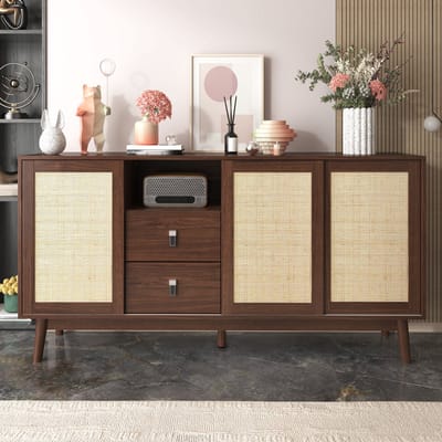 MODFU Sideboard met 3 Schuifdeuren van Echt Rattan en 2 Lades, 155x38x80 cm, Ademend, Stabiel en Veelzijdig