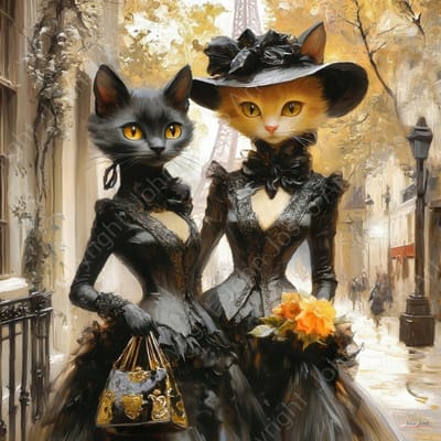 John Joseb Art (Canvas) 60x60 | Poezen / vrouwen in mooie jurken shoppen in Parijs, Eiffeltoren, abstract, kunst, poes, kat, zwart, bruin, geel, vierkant, modern | Foto-Schilderij canvas print (wanddecoratie)