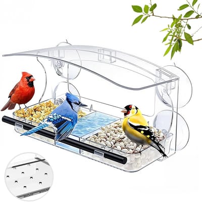 Transparante vogelvoederdispenser voor ramen met zuignappen, 3 vakken en afneembare voerbak, ideaal voor vogels in de tuin, 25 x 13 x 14 cm