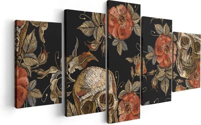 Artaza Canvas Schilderij Vijfluik Doodshoofden met Bloemen - Schedels - 100x50 - Foto Op Canvas - Canvas Print