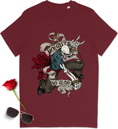 T shirt met skelet en quote: 'No Guts, No Glory' - Dames en heren tshirt - T-shirt vrouwen en mannen met print opdruk - Unisex maten: S t/m 3XL - Shirt kleuren: zwart, anthracite, Frence Navy en Burgundy (bordeaux rood).