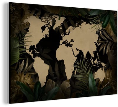 Aluminium schilderij 150x100 cm - Wanddecoratie metaal - Wereldkaart - Tropische planten - Bloemen - Metalen muurdecoratie woonkamer - Decoratie industrieel - Foto op dibond - Industriële accessoires slaapkamer