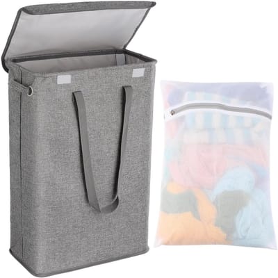 Smalle wasmand - Kleine wasbak - Ruimtebesparend opbergen - Met deksel afneembare tas - 45 liter capaciteit - Grijs