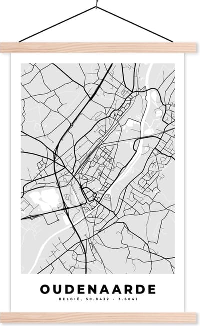 Posterhanger incl. Poster 40x60 cm - Schoolplaat - Zwart Wit – België – Plattegrond – Stadskaart – Kaart – Oudenaarde - Textielposter - Blanke latten - Stadskaart