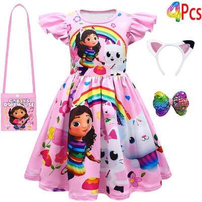 Robe Fille Manches Courtes La Maison Magique de Gabby Princesse Gabby Chat Jupe Tutu en Maille Fête d'Anniversaire Enfant Robe Déguisement Costume 130(7-8Years) pink