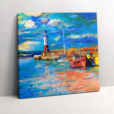 Wallfluent Foto Op Canvas Vuurtoren en boten - 60 x 60 cm - Blauw Schilderij Op Canvas - Landschappen Foto Op Doek - Imitatie van een olieverfschilderij Schilderij Doek - Landschappen Schilderij Canvas