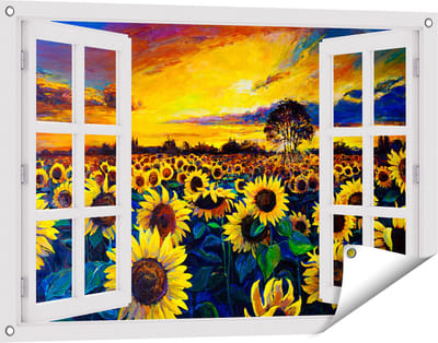 Gards Tuinposter Doorkijk Getekende Zonnebloemen Veld met Olieverf - 90x60 cm - Tuindoek - Tuindecoratie - Wanddecoratie buiten - Tuinschilderij
